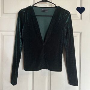 Urban Outfitters Bree Plunging V neck Emerald Velvet Glittery Long Sleeve Top